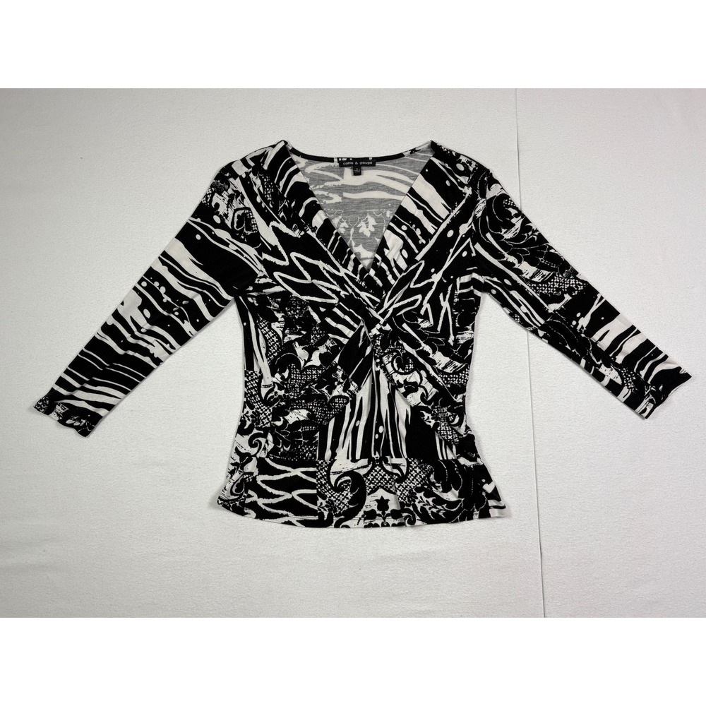 Cable & Gauge Womens Medium Black White Abstract Damask V-Neck 3/4 Sleeve Top